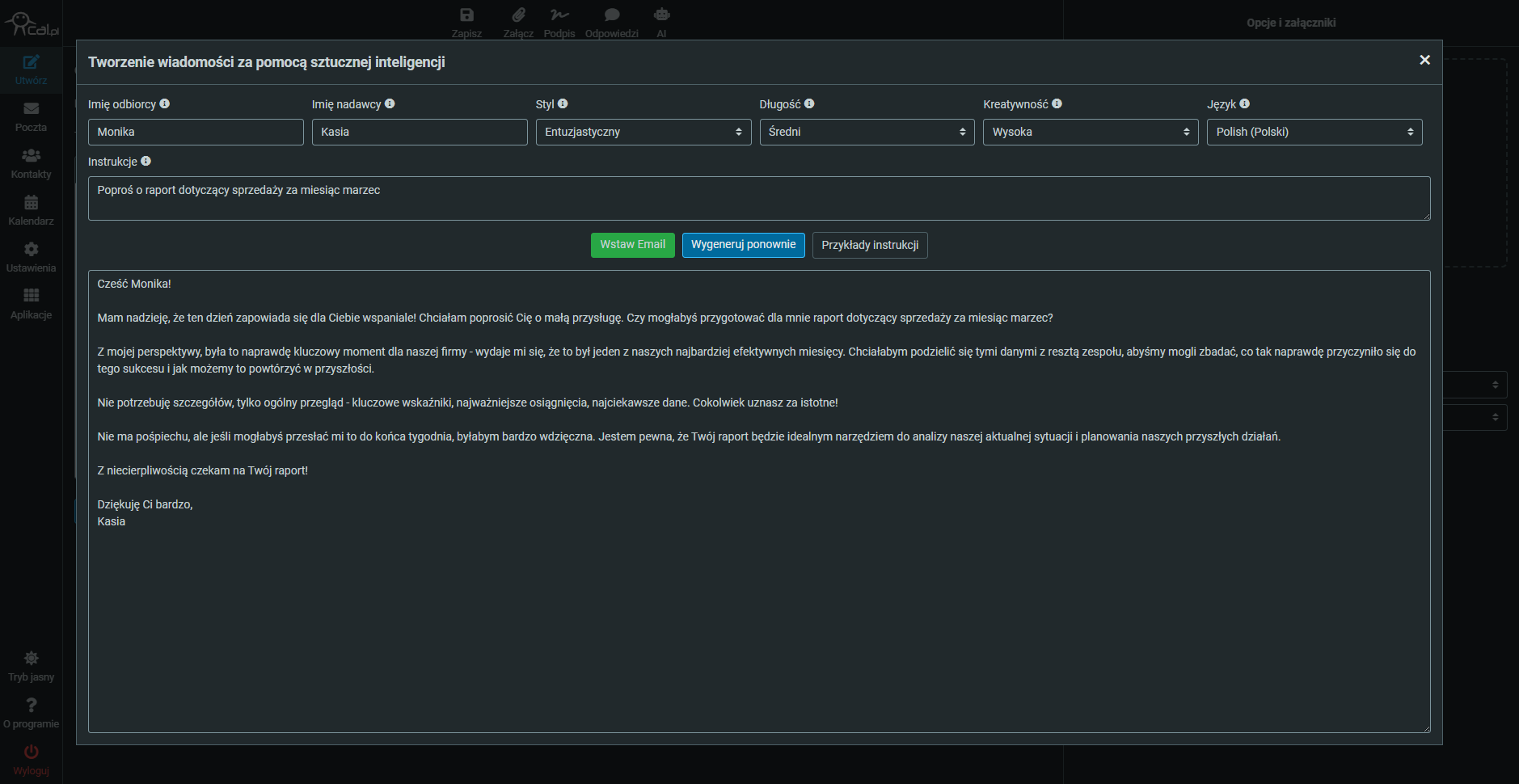 zrzut ekranu podczas generowania wiadomości za pomocą ai na poczta.cal.pl