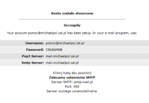 Komunikat potwierdzający założenie nowej skrzynki mailowej.