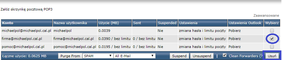 Usunięcie skrzynki pocztowej.