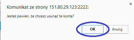 Zatwierdzenie skasowania skrzynki mailowej.