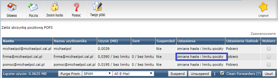 Zmiana hasła lub limitu poczty email.
