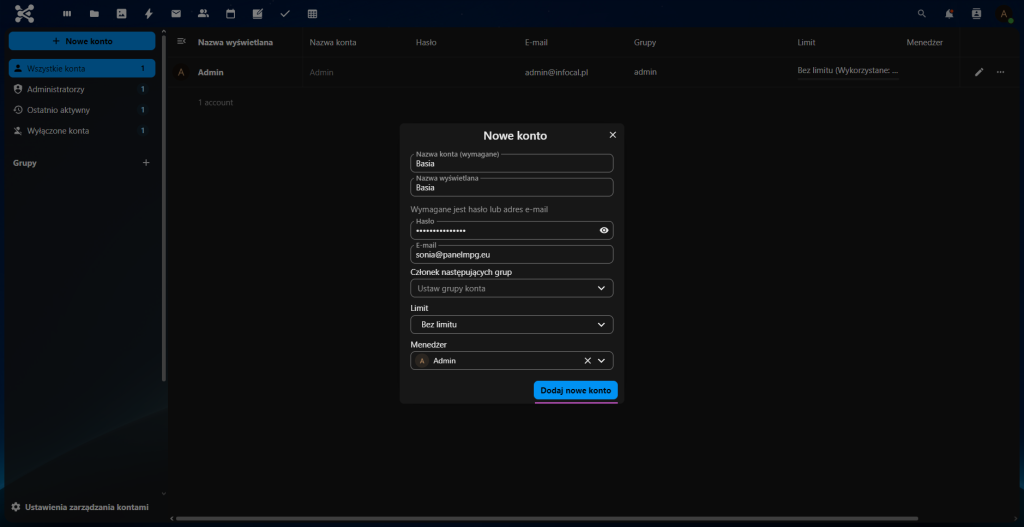 formularz wprowadzenie danych nowego użytkownika w nextcloud