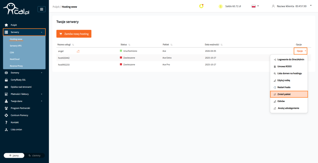 opcje zmien pakiet widok hosting