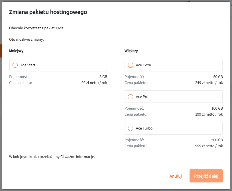 wybranie pakietu hostingowego cal.pl