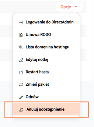 anulowanie udostępnienia hostingu