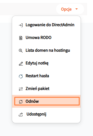 opcje w zarządzaniu hostingiem dostępne w Centrum Klienta