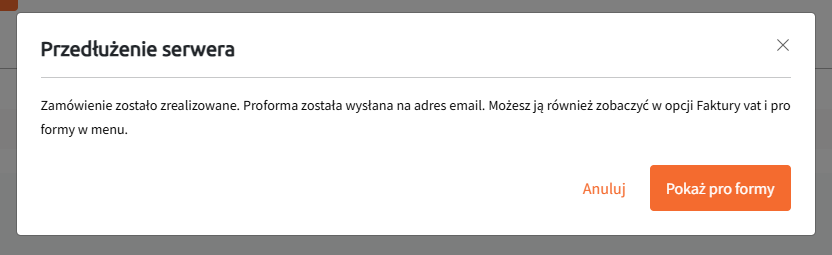komunikat informujący o wystawieniu proformy na odnowienie hostingu w cal.p