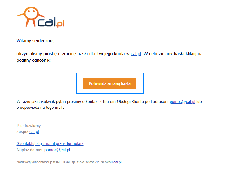 e-mail zawierający link do resetu hasła do Centrum Klienta