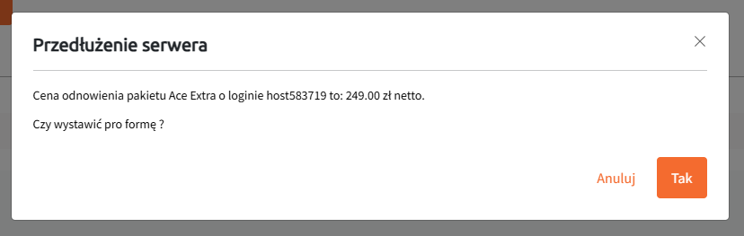 komunikat o wystawieniu proformy za hosting