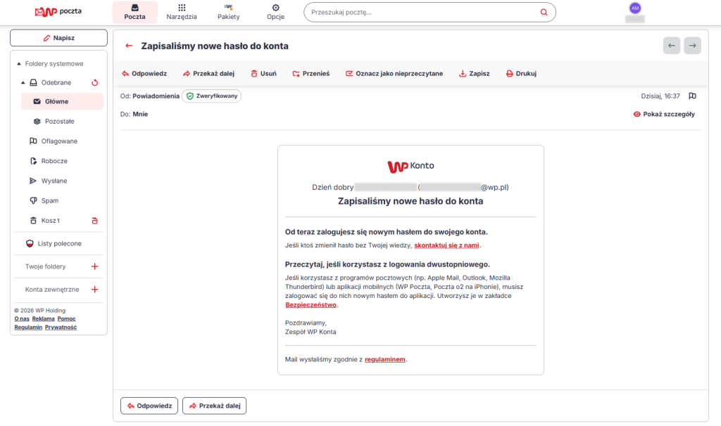 mail potwierdzający zmianę hasła do poczty wp.pl