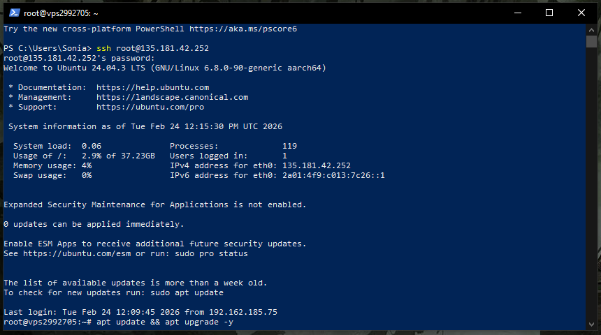 wprowadzenie komendy pozwalającej zaktualizować system vps cal.pl