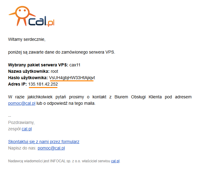 dane logowania otrzymywane na adres mailowe po założeniu serwera vps cal.pl
