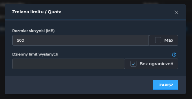 ustawienie rozmiaru skrzynki e-mail oraz dziennego limitu wysyłanych wiadomości directadmin