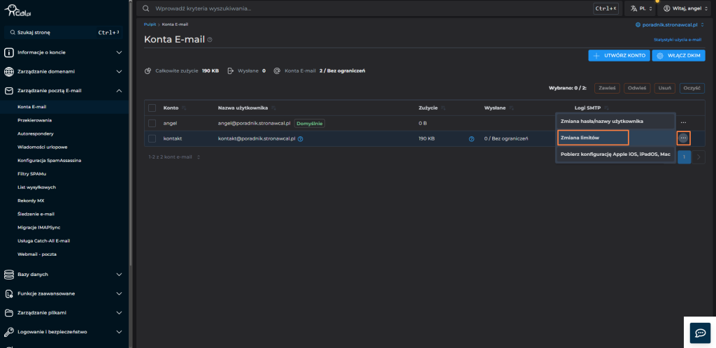 opcja zmiany limitów w skrzynce e-mail directadmin