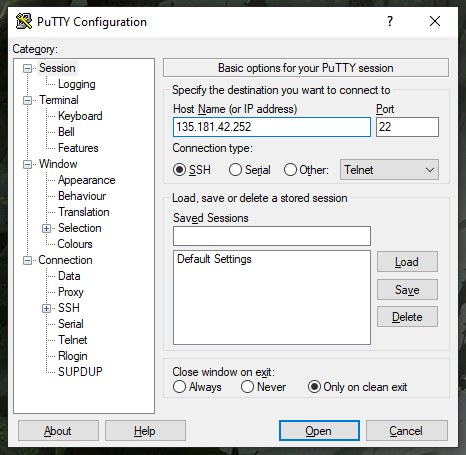 putty podanie adresu IP serwera VPS