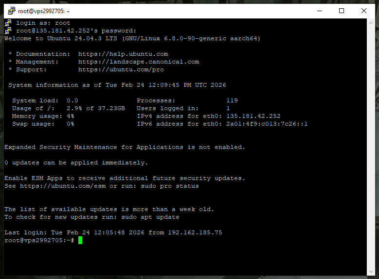 udane logowanie do vps cal.pl