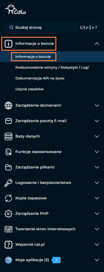 informacje o koncie zakładka directadmin cal.pl