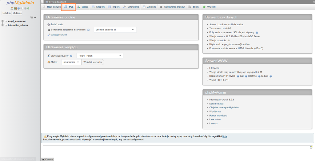 phpmyadmin widok główny