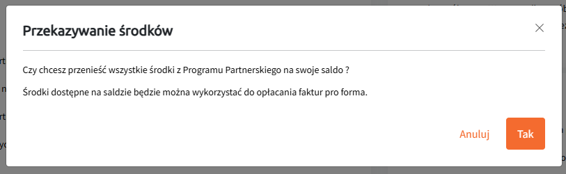 potwierdzenie przeniesienia zarobionych środków w programie partnerskim na saldo cal.pl