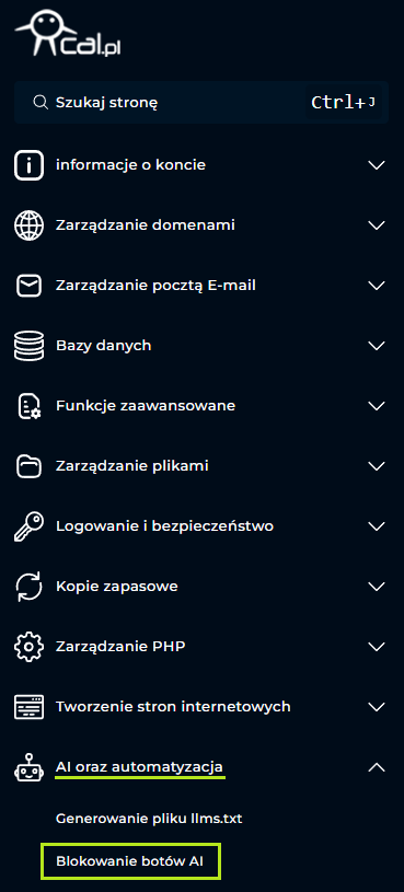 lokalizacja funkcji blokowanie botów AI DirectAdmin cal.pl