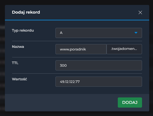 dodawanie rekordu directadmin hosting cal.pl
