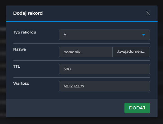 dodanie rekordu a dla subdomeny cal.pl