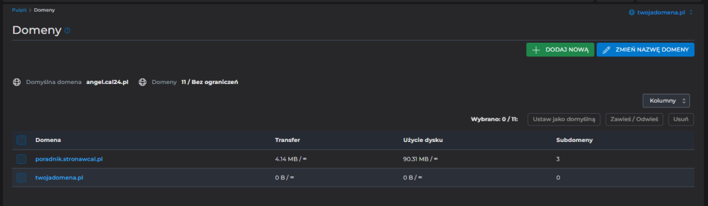 lista domen na hostingu cal.pl directadmin